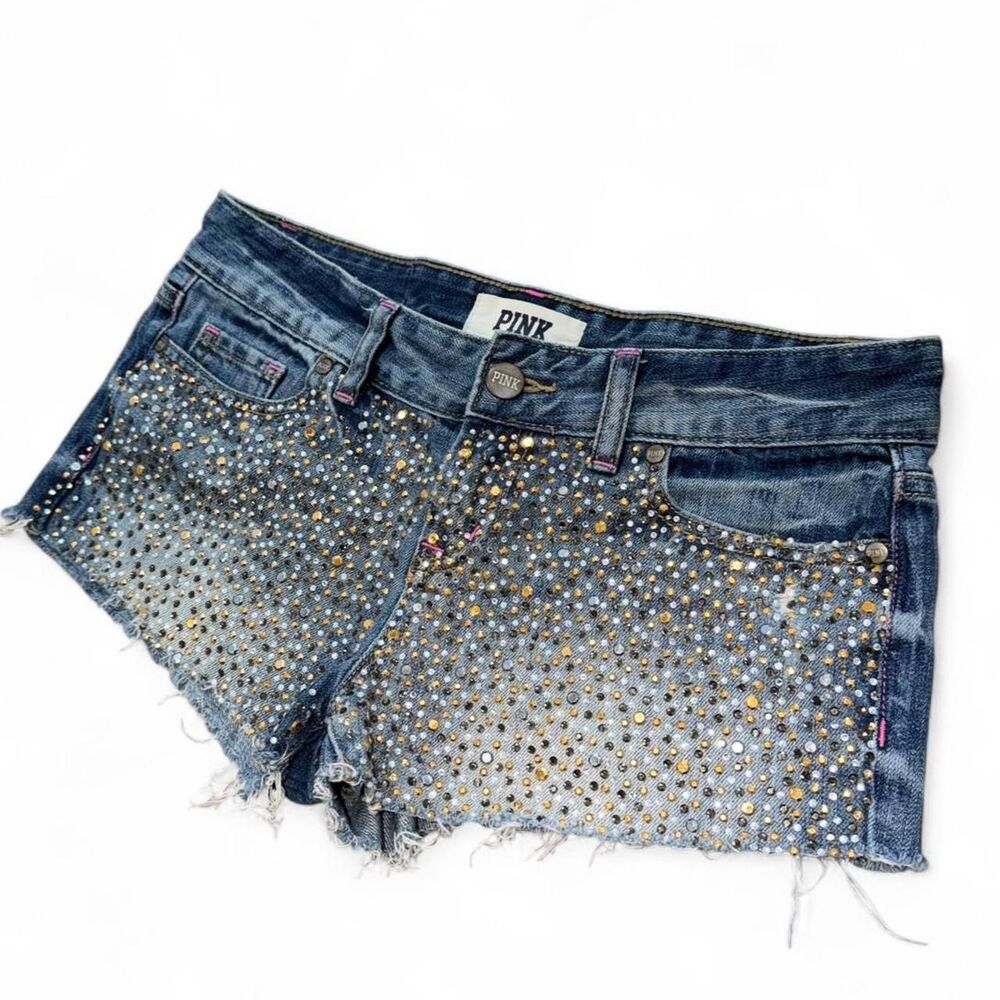 Y2K Victoria's Secret PINK Rhinestone Gem Denim Mini Shorts